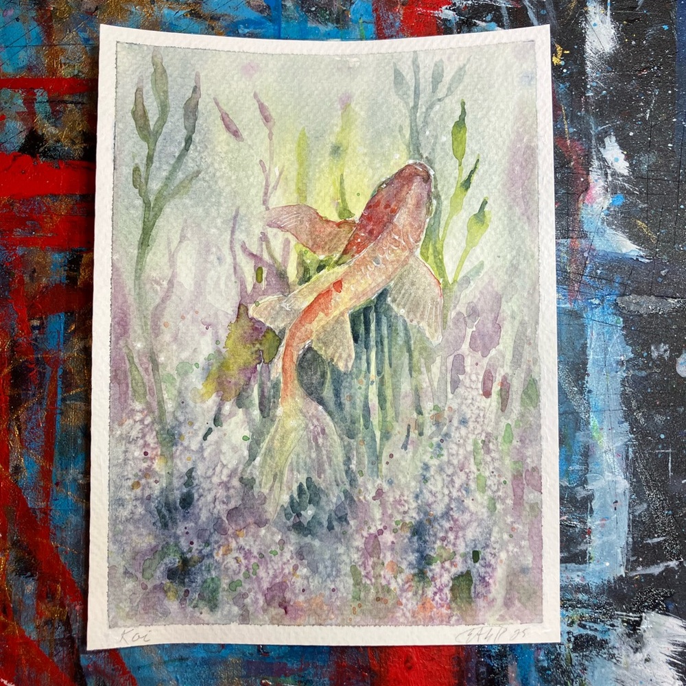 Koi fish original painting watercolor art decor pond nature artwork Artettina US